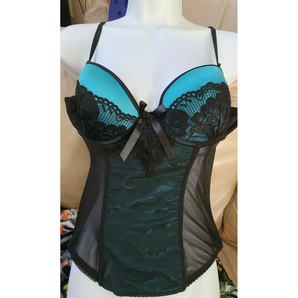 PER LEI Sexy Black & Turquoise bone bustier lingerie Bra Underwire Size L